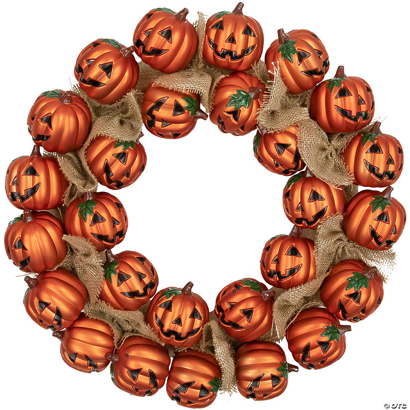 Jack-O-Lantern and Burlap Ribbon Halloween Wreath  20-Inch  Unlit Image