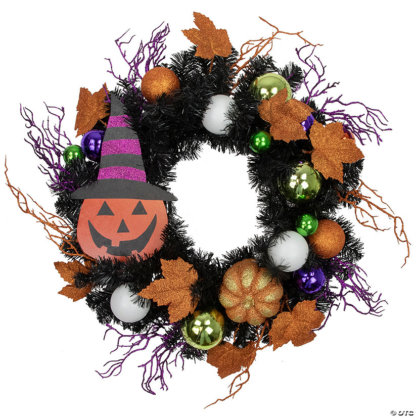 Jack-O-Lantern in Witches Hat Halloween Pine Wreath  24-Inch  Unlit Image