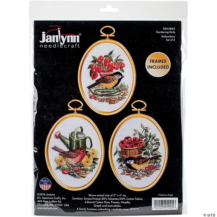 Janlynn Embroidery Kit 3"X4", Gardening Birds, Set of 3 Image