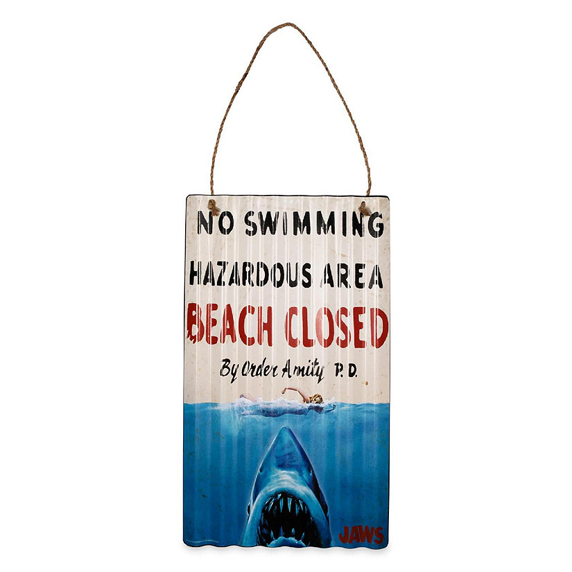 JAWS "Beach Closed" Corrugated Tin Sign  12 x 16 Inches Image