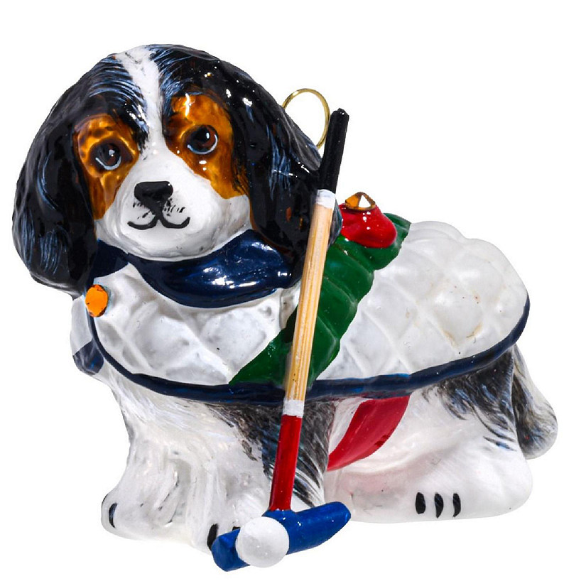 Joy to the World Tri Color Cavalier King Charles in Jacket Polo Mallet Ornament Image
