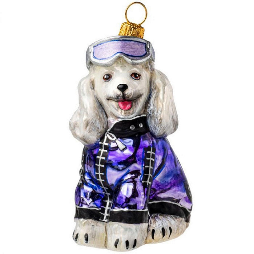 Joy to the World White Poodle in Metallic Ski Jacket Polish Glass Ornament Image