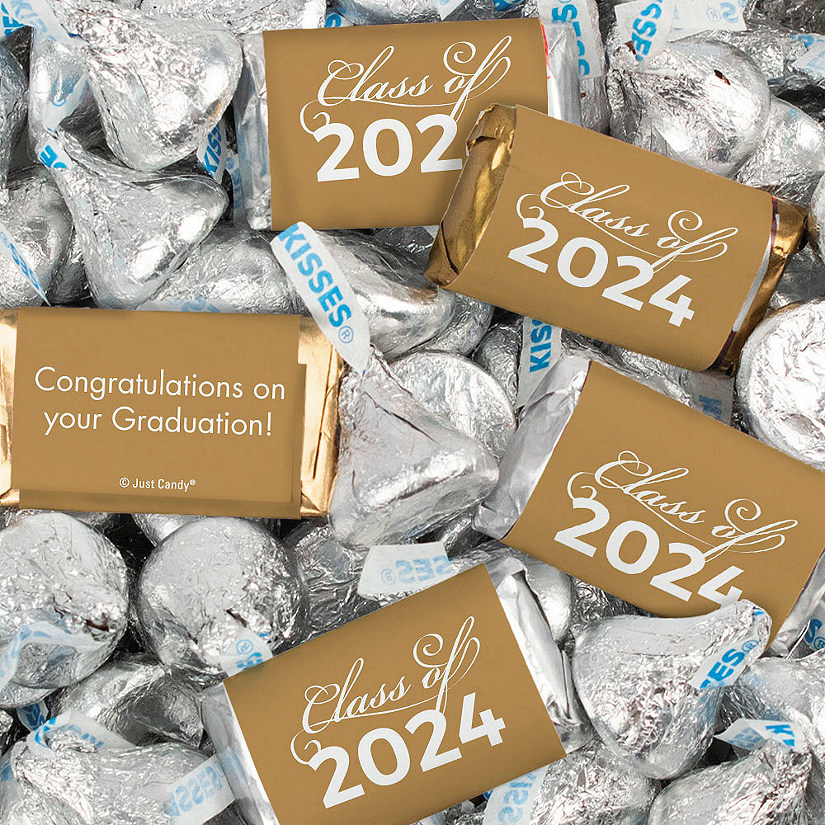 Just Candy 1.5 lbs Gold Graduation Candy Party Favors Class of 2024 Hershey's Miniatures & Silver Kisses (approx. 116 Pcs) Image