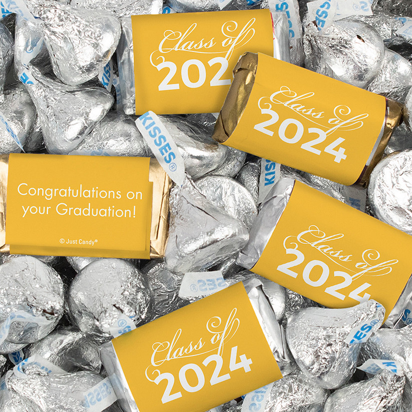 Just Candy 1.5 lbs Yellow Graduation Candy Party Favors Class of 2024 Hershey's Miniatures & Silver Kisses (approx. 116 Pcs) Image