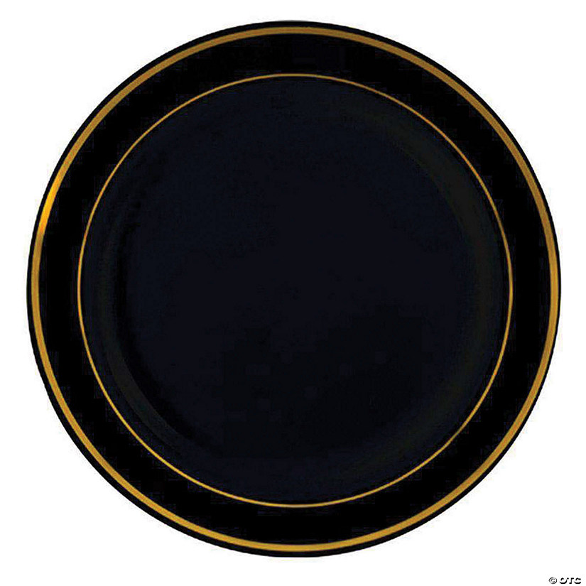 Kaya Collection 10.25" Black with Gold Edge Rim Plastic Dinner Plates (120 Plates) Image