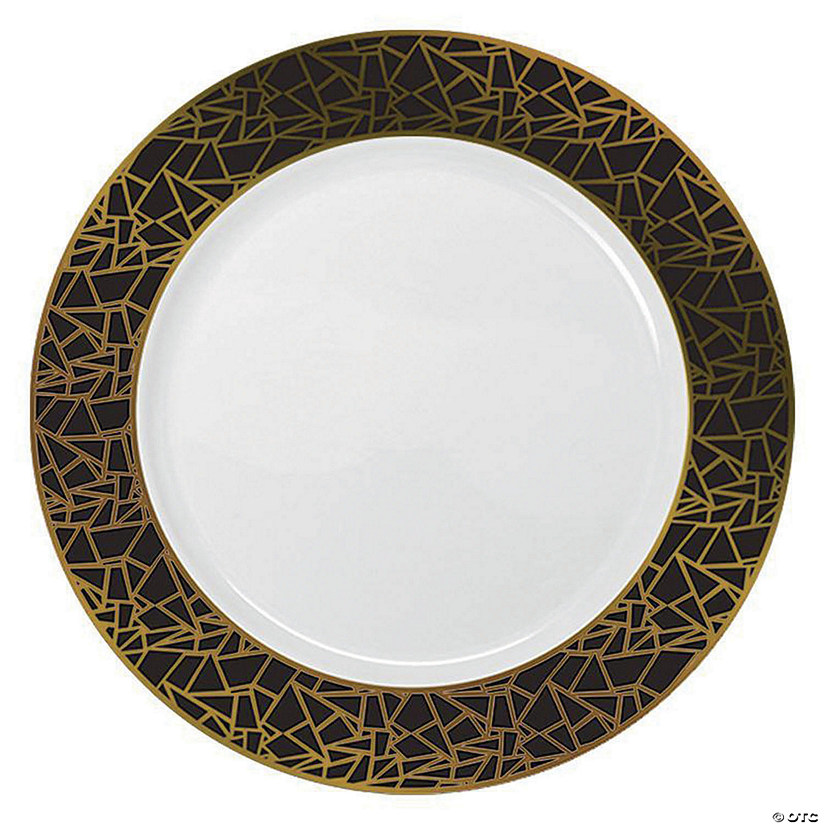 Kaya Collection 10.25" White with Black and Gold Mosaic Rim Round Plastic Dinner Plates (120 Plates) Image