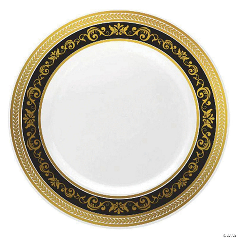 Kaya Collection 10.25" White with Black and Gold Royal Rim Plastic Dinner Plates (120 Plates) Image