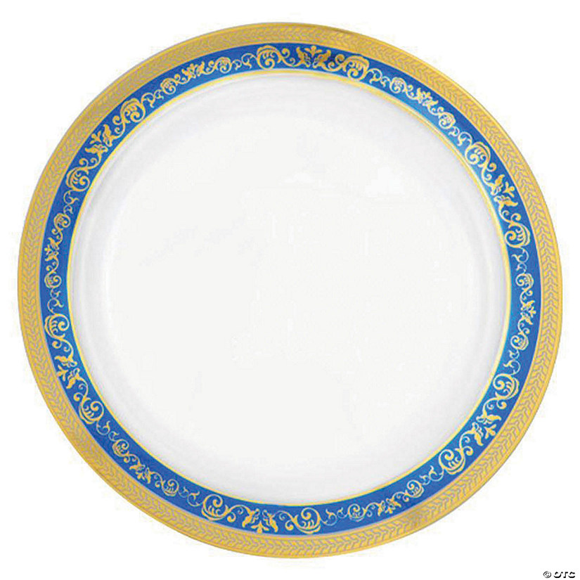 Kaya Collection 10.25" White with Blue and Gold Royal Rim Plastic Dinner Plates (120 Plates) Image