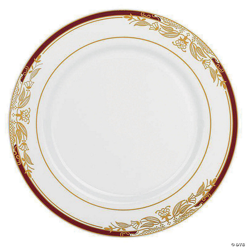 Kaya Collection 10.25" White with Burgundy and Gold Harmony Rim Plastic Dinner Plates (120 plates) Image