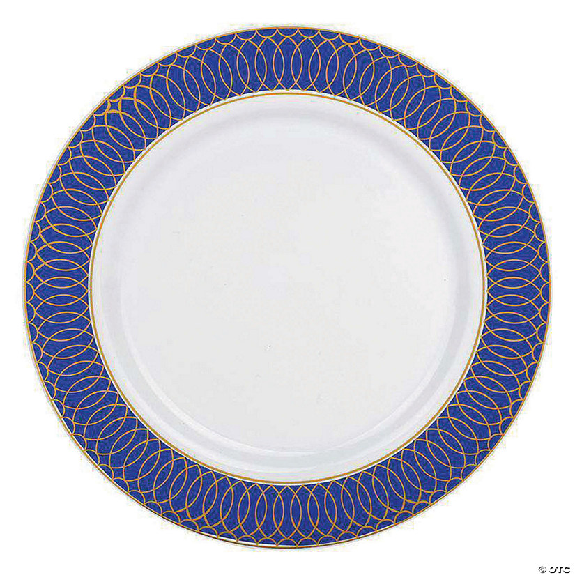 Kaya Collection 10.25" White with Gold Spiral on Blue Rim Plastic Dinner Plates (120 plates) Image