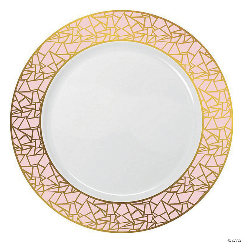 Kaya Collection 10.25" White with Pink and Gold Mosaic Rim Round Plastic Dinner Plates (120 Plates) Image