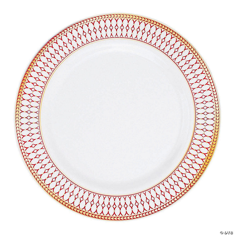 Kaya Collection 10.25" White with Red and Gold Chord Rim Plastic Dinner Plates (120 Plates) Image