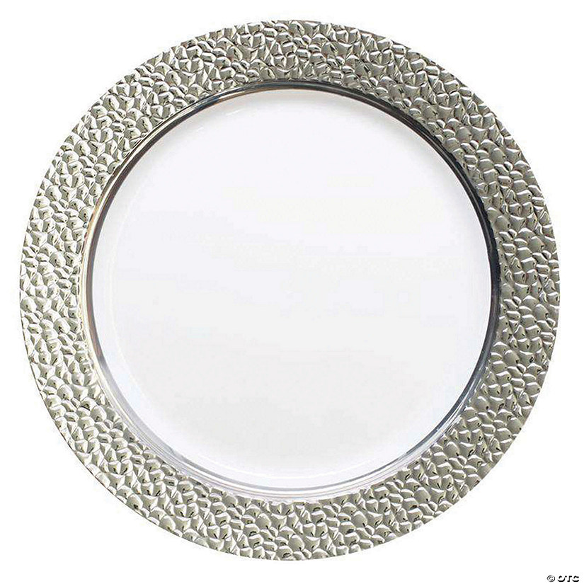 Kaya Collection 10.25" White with Silver Hammered Rim Round Plastic Dinner Plates (120 Plates) Image