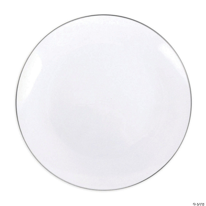 Kaya Collection 10.25" White with Silver Rim Organic Round Disposable Plastic Dinner Plates (120 Plates) Image