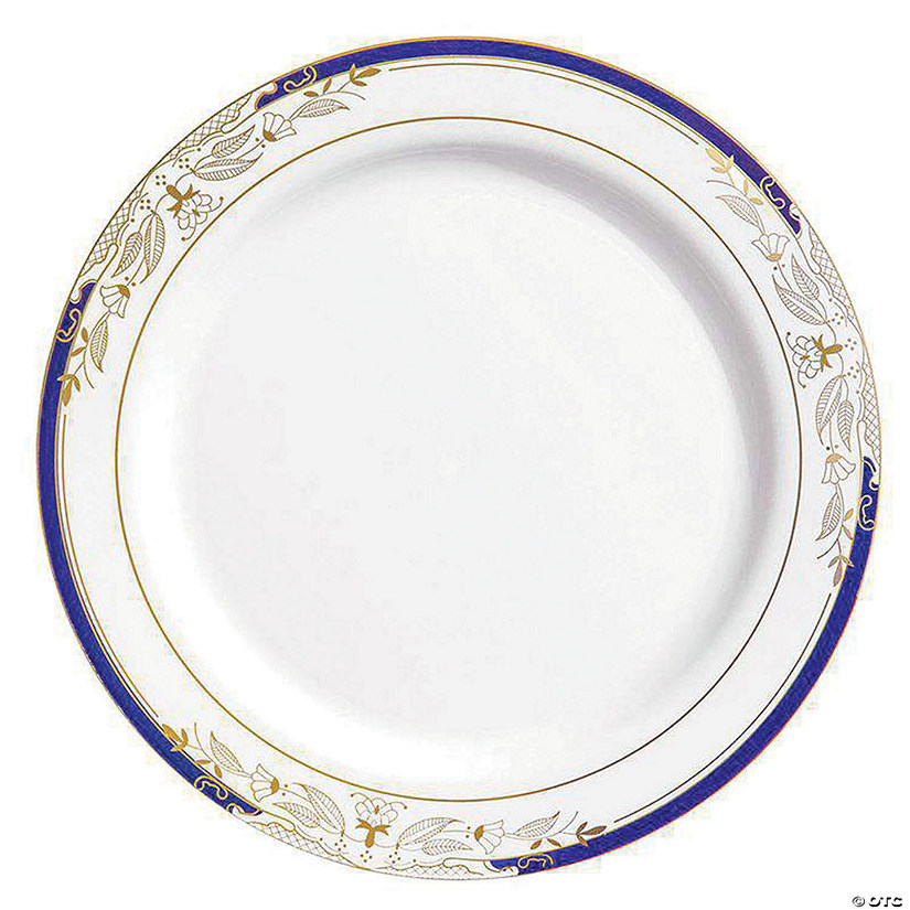 Kaya Collection 7.5" White with Blue and Gold Harmony Rim Plastic Appetizer/Salad Plates (120 Plates) Image