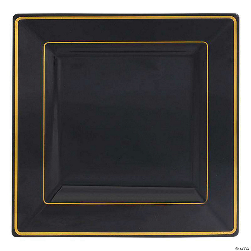 Kaya Collection 9.5" Black with Gold Square Edge Rim Plastic Dinner Plates (120 Plates) Image