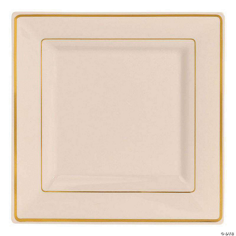 Kaya Collection 9.5" Ivory with Gold Square Edge Rim Plastic Dinner Plates (120 Plates) Image