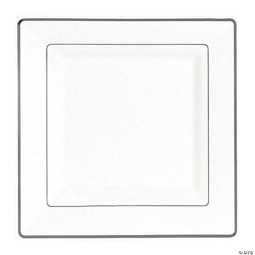 Kaya Collection 9.5" White with Silver Square Edge Rim Plastic Dinner Plates (120 Plates) Image