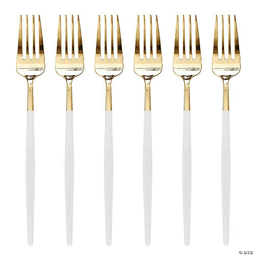 Kaya Collection Gold with White Handle Moderno Disposable Plastic Dinner Forks (240 Forks) Image