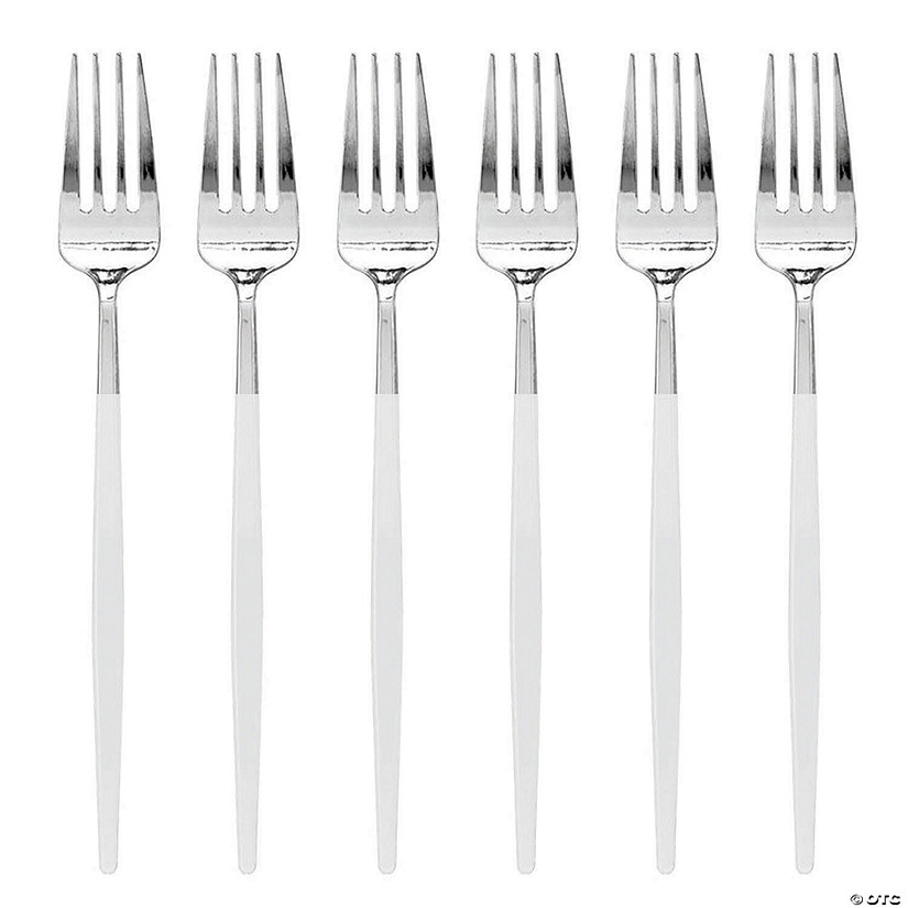 Kaya Collection Silver with White Handle Moderno Disposable Plastic Dinner Forks (240 Forks) Image