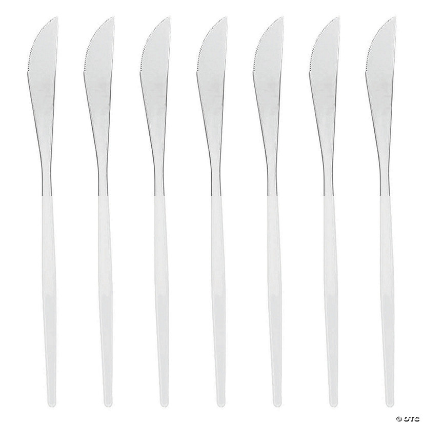 Kaya Collection Silver with White Handle Moderno Disposable Plastic Dinner Knives (240 Knives) Image