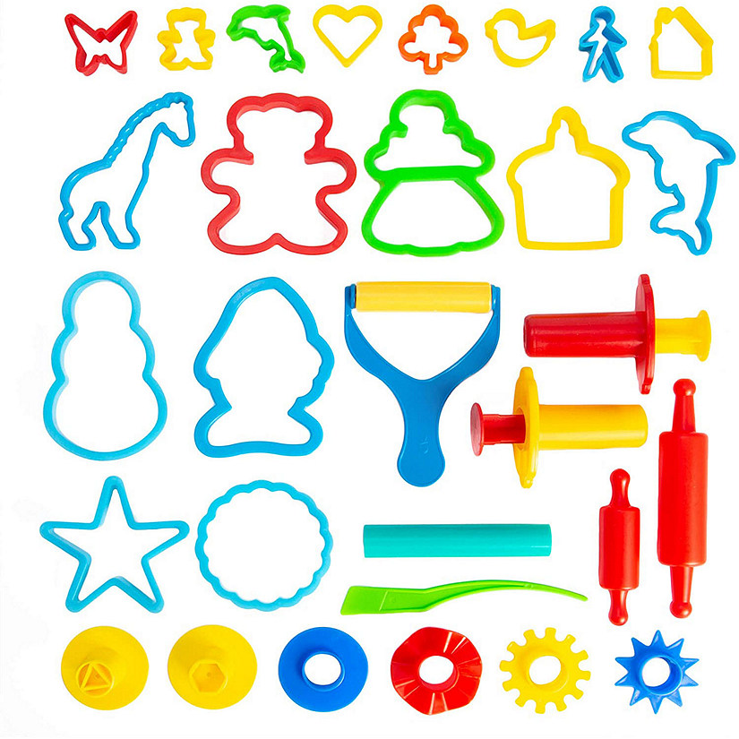 Kiddy Dough Air Dry Clay & Dough Tool Kit for Kids - Party Pack w/Animal Shapes - Includes 24 Colorful Cutters, Molds, Rollers & Play Accessories