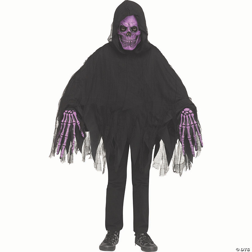 Kids Black Polyester Hooded Poncho with Purple Skeleton Reaper Mask Costume Image