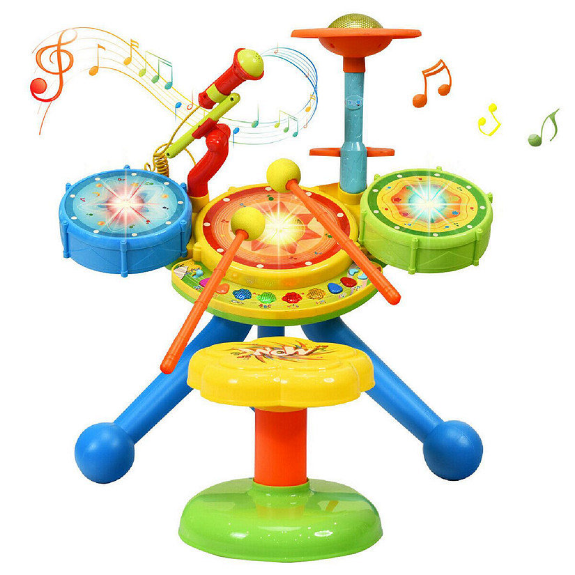 Kids Electric Jazz Drum Set Musical Instrument with Stool Microphone