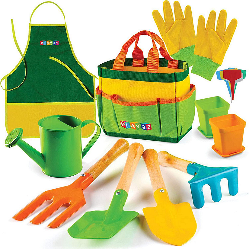 Kids Gardening Tool Set 12 PCS - Kids Gardening Tools with Shovel, Rake, Fork, Trowel, Apron, Gloves Watering Can and Tote Bag - Play22usa Image