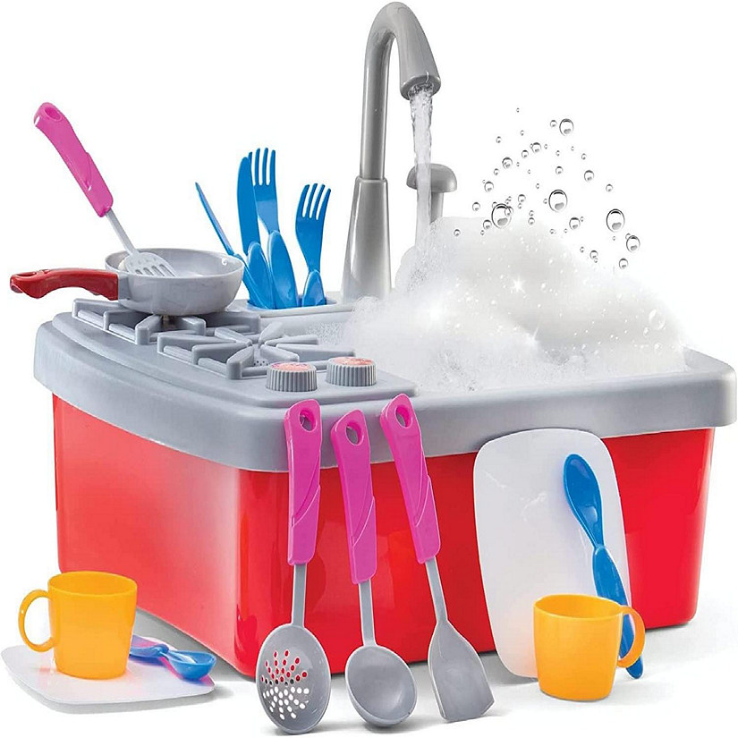 Kitchen Sink Toy 17 Set - Play Sink Pretend Toy With Running Water - Kids Toy Sink With Real Faucet & Drain, Dishes, Utensils & Stove Image