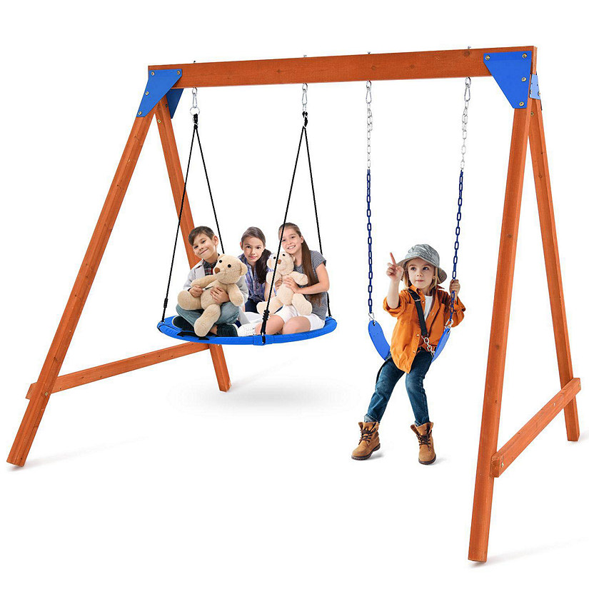 Klokick Wood Swing Set with 40" Saucer Swing and Belt Swing Image