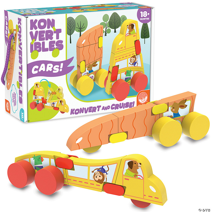 Konvertibles Transforming Wooden Cars &amp;#8211; 2-Piece Flip &amp; Change Vehicle Set with Portable 3-D Roadway Play Scene Image