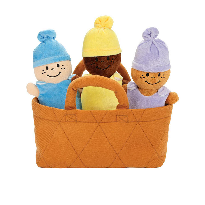KOVOT 3 Plush Babies in Soft Carrier Basket - Squeeze to Hear Them Giggle -  Removable Dress