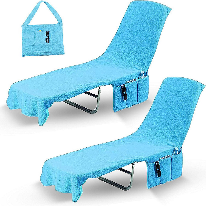 KOVOT Chaise Lounge Beach Chair Towel Cover with Pockets Light Blue 84 x 26 Inches 2 Pack Image