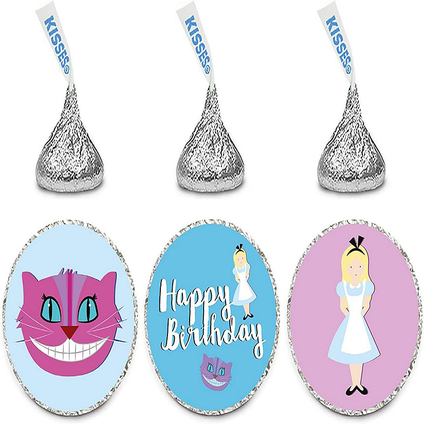 Koyal Wholesale Chocolate Drop Labels, Alice in Wonderland - Alice, Cheshire Cat, Happy Birthday, 216-Pack Image