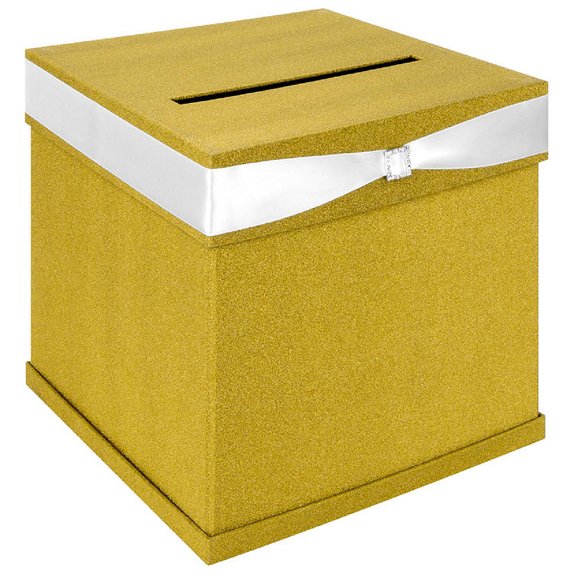 Koyal Wholesale Glitter Gold Wedding Card Box with Slot, White Satin Ribbon and Rhinestone Buckle, 10" x 10" Holder Image