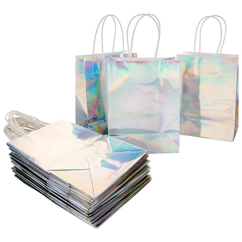 Koyal Wholesale Iridescent Party Bags with Handles, 5.75 x 7.75 inches, 25 Pack Holographic Silver Foil Gift Bags Image