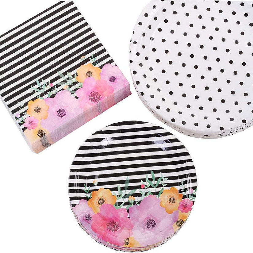 Andaz Press Modern Floral Party Plates and Napkins Set, Bulk 50-Pack, 9-Inch Plates, 7-Inch Plates, 6.5-Inch Lunch Napkins, Flower and Black Stripes