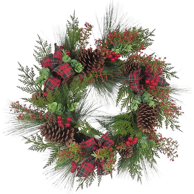 Kurt Adler Artificial Berries and Pinecones Ribbon Rattan Wreath Christmas Decoration, BrownGreen, 24 Inches Image