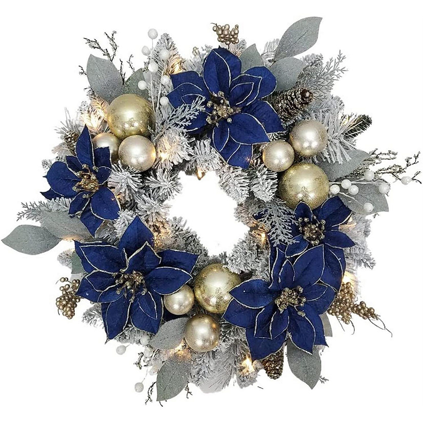 Kurt Adler Artificial Blue, Silver, and Gold Poinsettia Flocked Wreath Christmas Decoration, 24 Inches Image