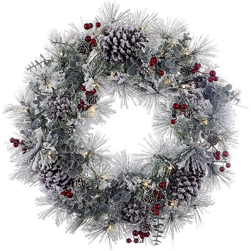 Kurt Adler Battery-Operated Artificial Pre-Lit LED Flocked Red Berries and Pinecones Wreath Christmas Decoration, White, 24 Inches Image
