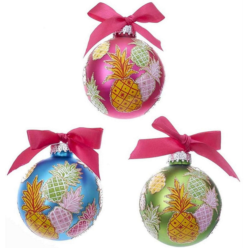 Kurt Adler Glass Pineapple Pattern Ball Christmas Tree Ornaments Box Set of 6 Image