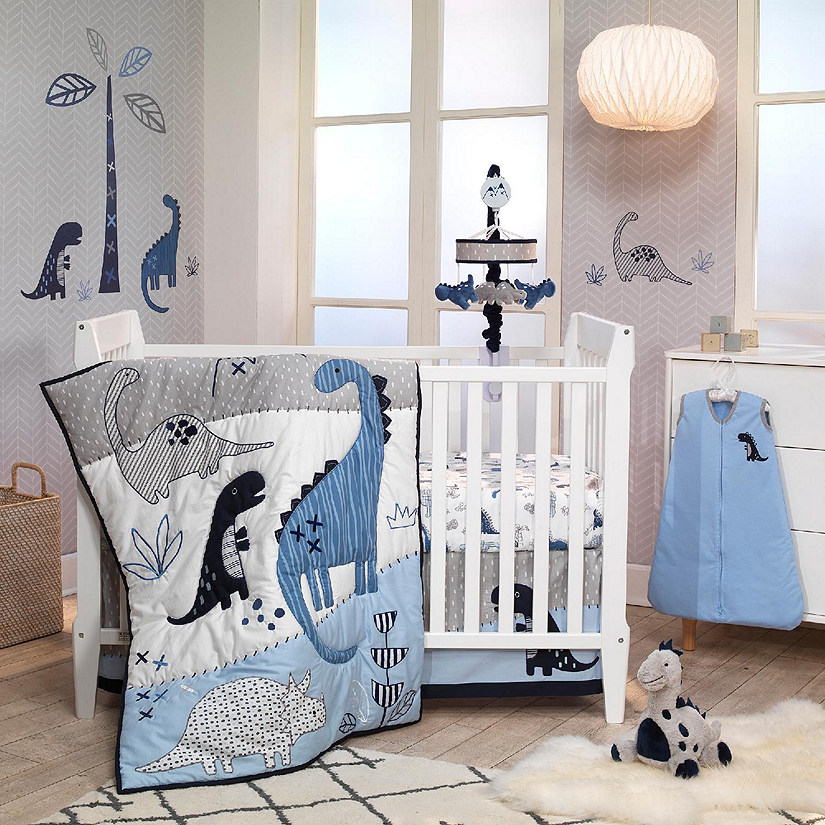 Lambs & Ivy Baby Dino Blue/White Dinosaur Nursery 6-Piece Crib Bedding Set Image
