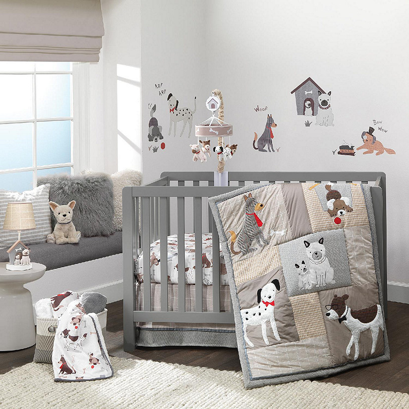 Lambs & Ivy Bow Wow Gray/Tan Dog/Puppy Nursery 4-Piece Baby Crib Bedding Set Image