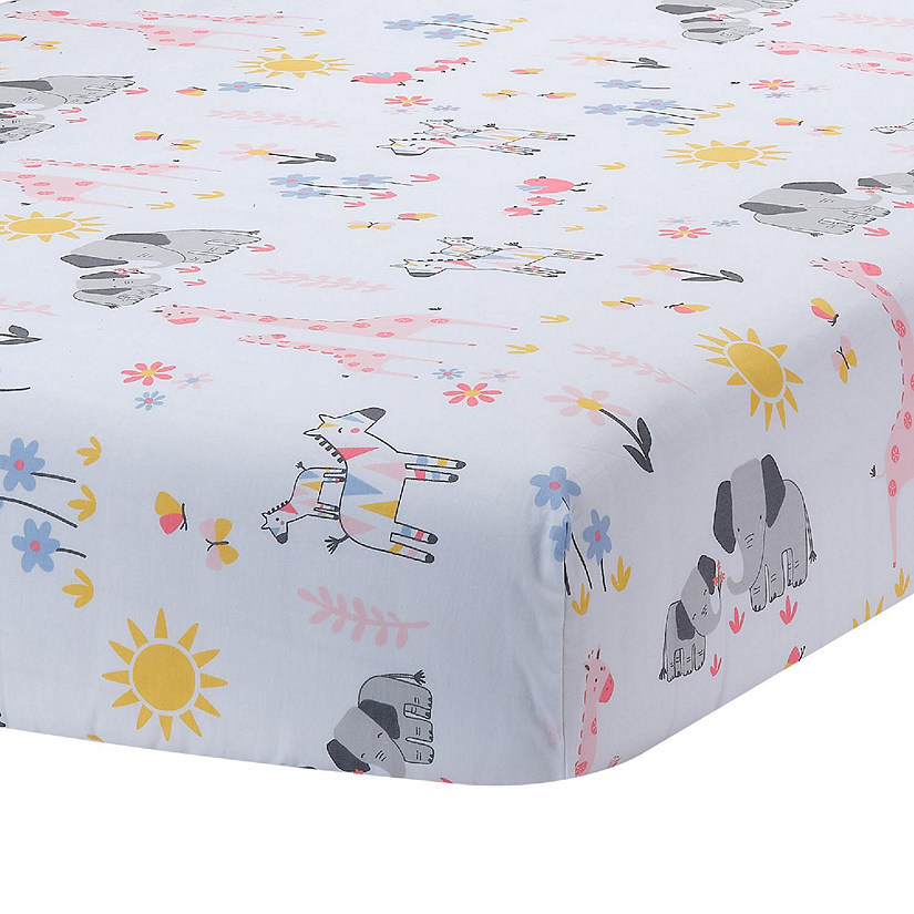 Lambs & Ivy Jazzy Jungle 100% Cotton Safari Baby Fitted Crib Sheet - White Image