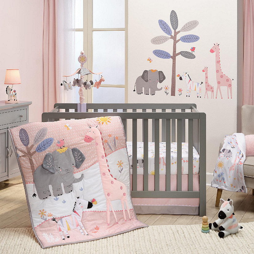 Lambs & Ivy Jazzy Jungle 3-Piece Safari Animals Pink Baby Crib Bedding Set Image