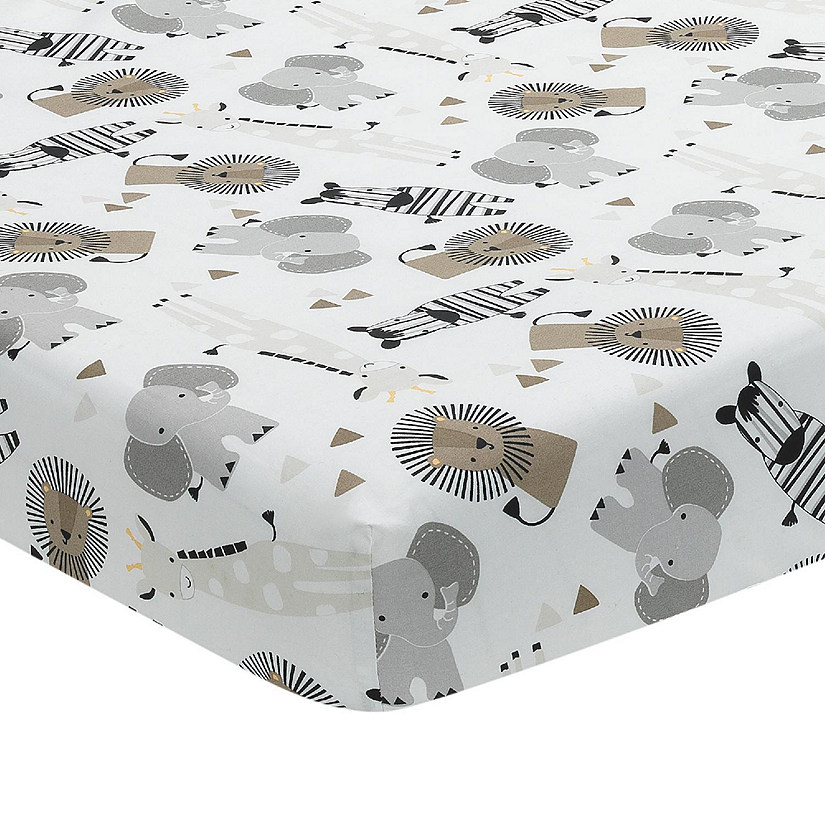Lambs & Ivy Jungle Safari 100% Cotton White/Gray Elephant/Lion Fitted Crib Sheet Image