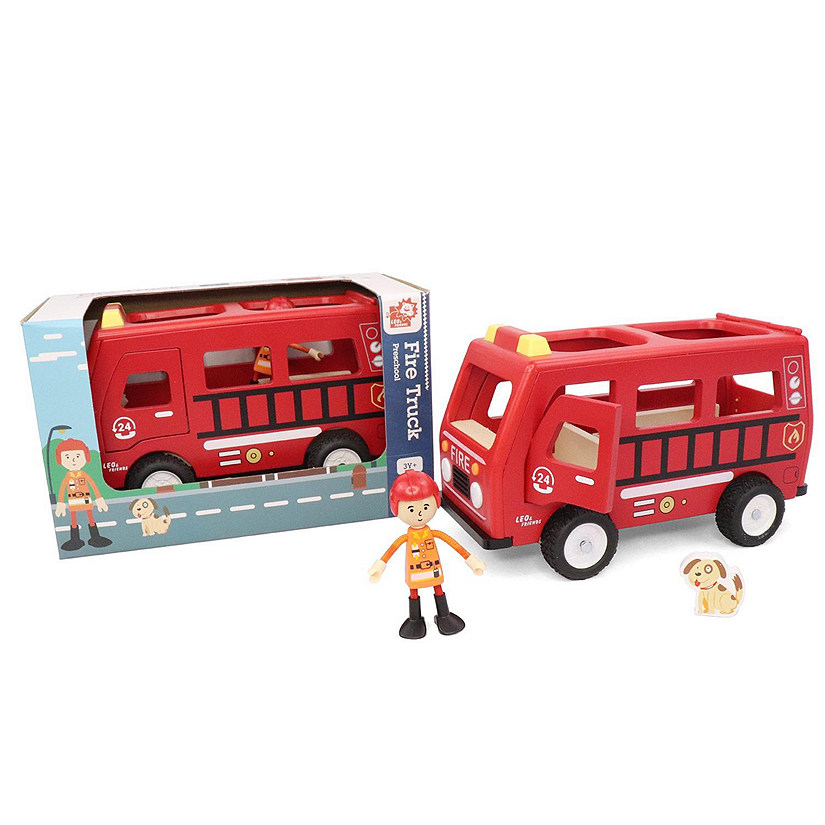 L&F 3-Piece Wooden Fire Truck Play Set w/Firefighter and Dog 3yrs Image