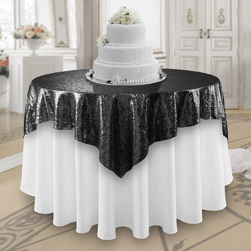Lann's Linens 50x50 Black Sequin Sparkly Table Overlay Tablecloth Cover Wedding Party Linens Image