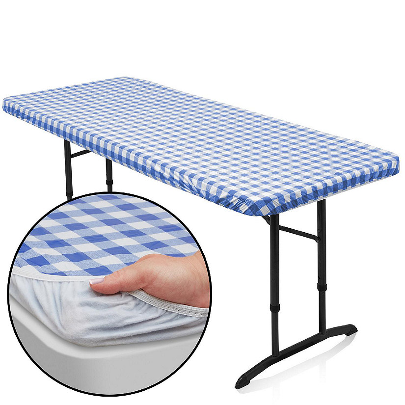 Lann's Linens 72'' x 30'' Blue Checkered Vinyl Tablecloth with Flannel Backing - Waterproof Image